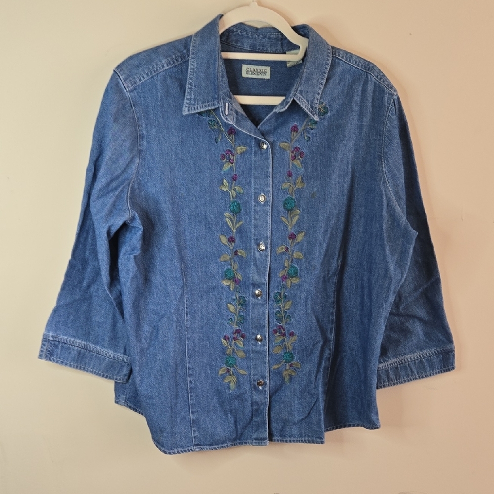 Vintage Denim Embroidered Floral Top 3/4 Sleeve Cottagecore Boho Large